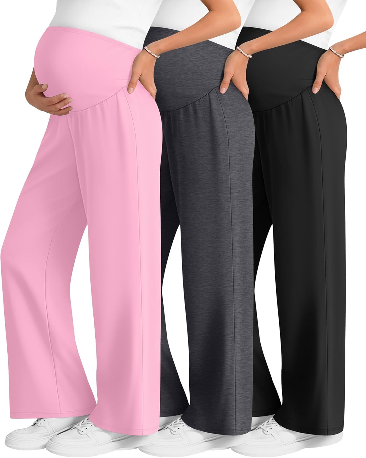 3 Pack Women's Maternity Wide Leg Pants Over The Belly Pregnancy Lounge Pants Stretchy Loose Pajama Trousers