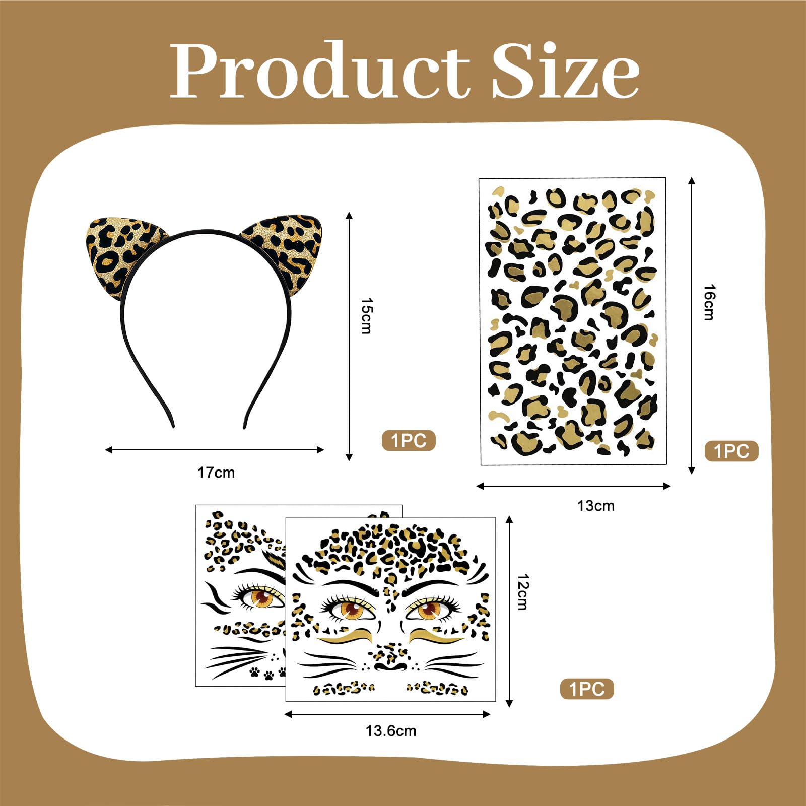 Ensemble de Costume léopard pour Femmes, Serre-tête Oreilles de léopard avec 3 Tatouages faciaux différents pour fête de Carnaval Accessoires léopard