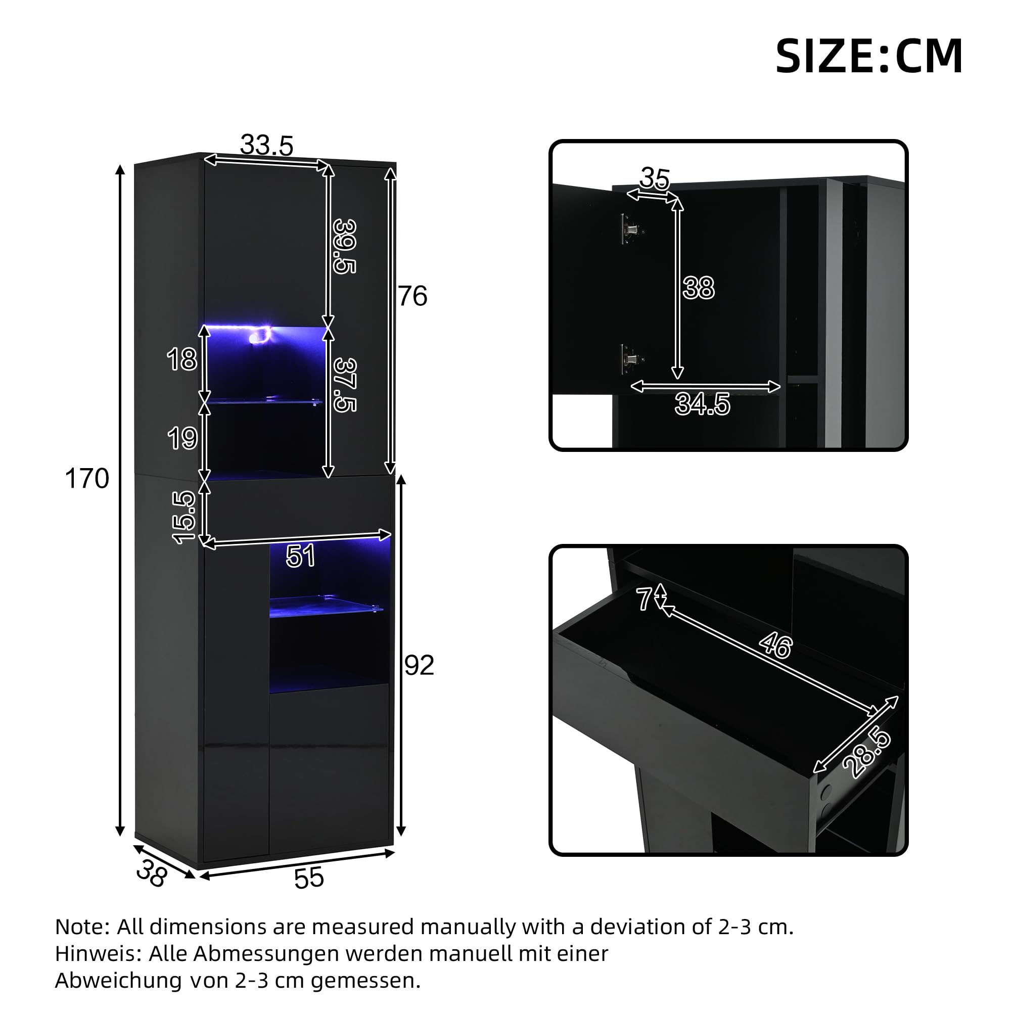 MURUL Verkaufsvitrine, 55x38x170cm Hochschrank mit 1 Schublade und 4 Schränken,Glasvitrine Vitrinenschränke mit led, Vitrinen Mit Hochglanz-Design,Wohnzimmerschränke, Vitrinen, Schaukästen,Schwarz