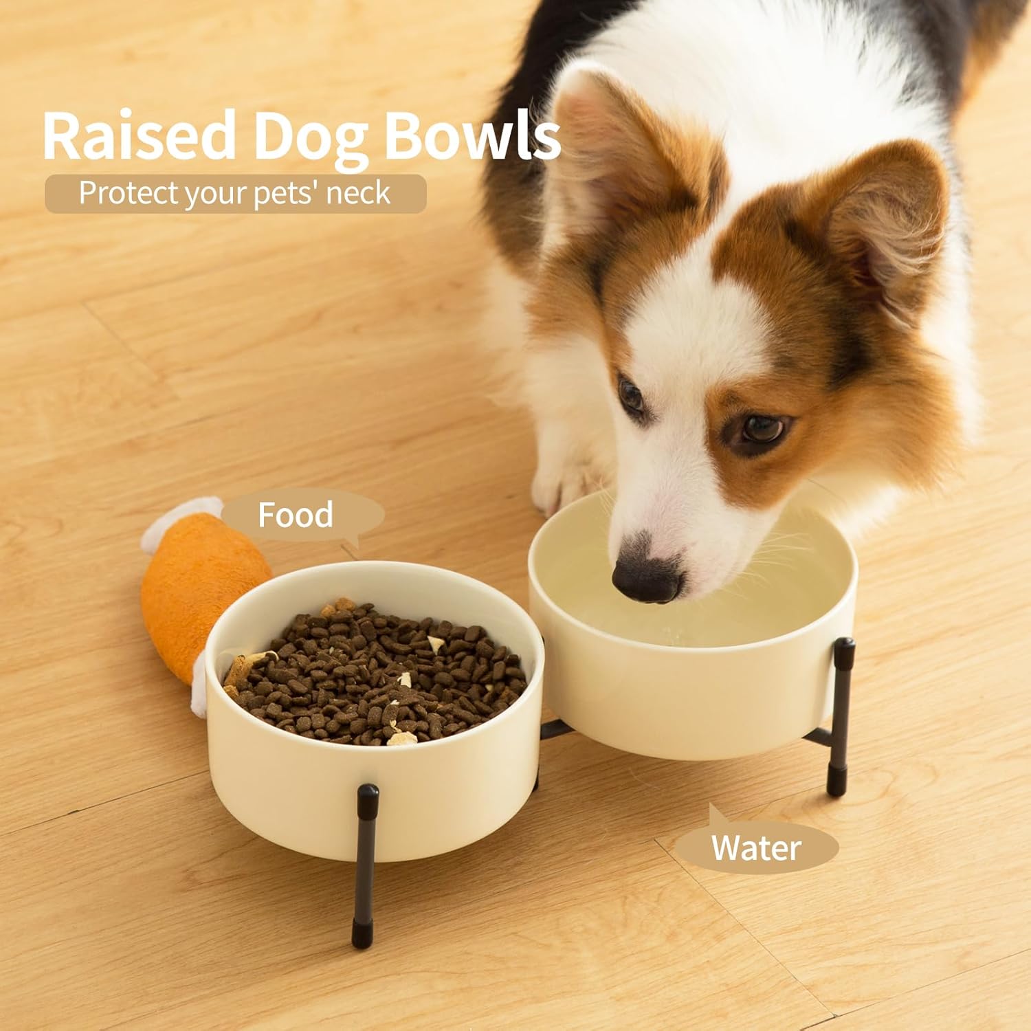 6 Inch Elevated Dog Bowl with Adjustable Metal Stand, 32 OZ Raised Ceramic Dog Bowls Set for Food and Water Bowl, Double Pet Feeding Dishes for Small and Medium Breed Dogs, Beige, Set of 2