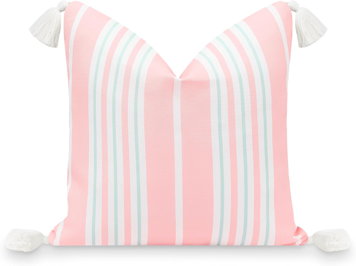 Hofdeco Premium Coastal Patio Indoor Outdoor Lumbar Pillow Cover Only, 12"x20" Water Repellent for Backyard, Couch, Muted Aqua Blush Pink Stripe Tassel