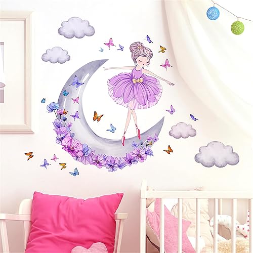 Preciosas calcomanías de pared de mariposa de niña de luna morada y nubes, calcomanías de pared de arte de sacinora Art removibles para guardería,
