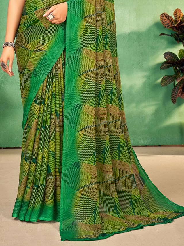 Image of SIRIL Women's Geometric Printed Chiffon Saree with Unstitched Blouse Piece (3168S2902 Green)