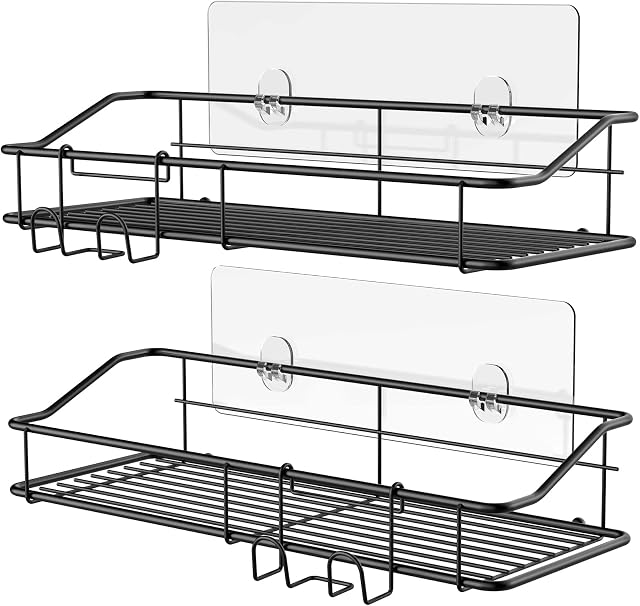 Nieifi Shower Caddy, Bathroom Shelves no Drilling with Hooks and Adhesive, Shower Rack Stainless Steel 304 2 Pack(Black)