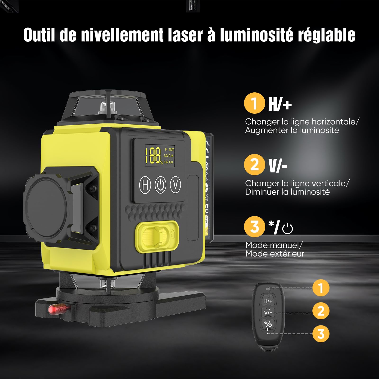 Niveau Laser Autonivelant 360° X 4, Lazer Niveaux Chantier 4d 16 Lignes Laser, Mode Impulsion ExtéRieur, 2 X Batterie,Nivellement Automatique, Support Rotatif, TéLéCommande (Avec trépied)