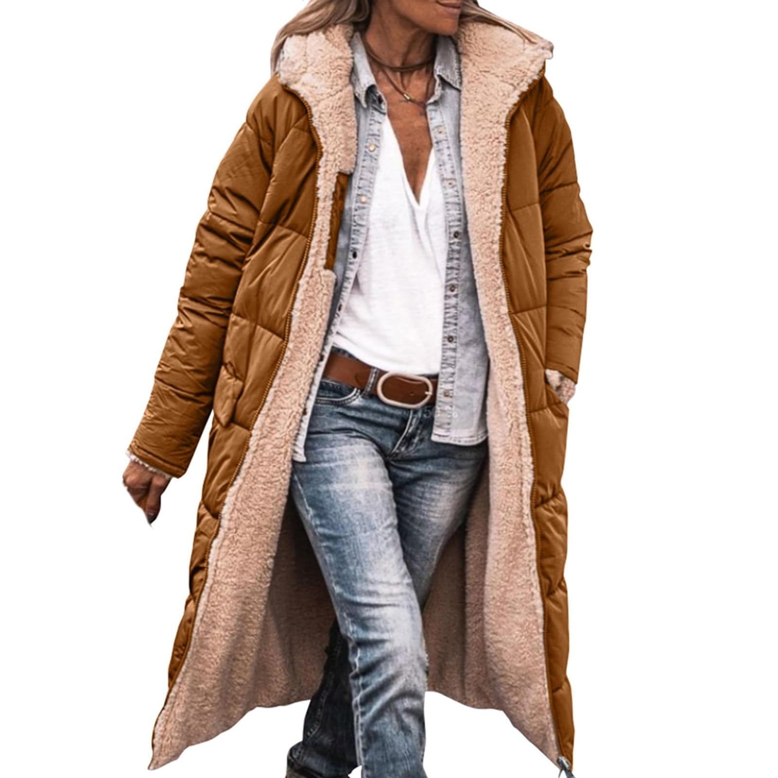 Manteau long bouffant réversible avec capuche fermeture éclair vêtement chaud - 8