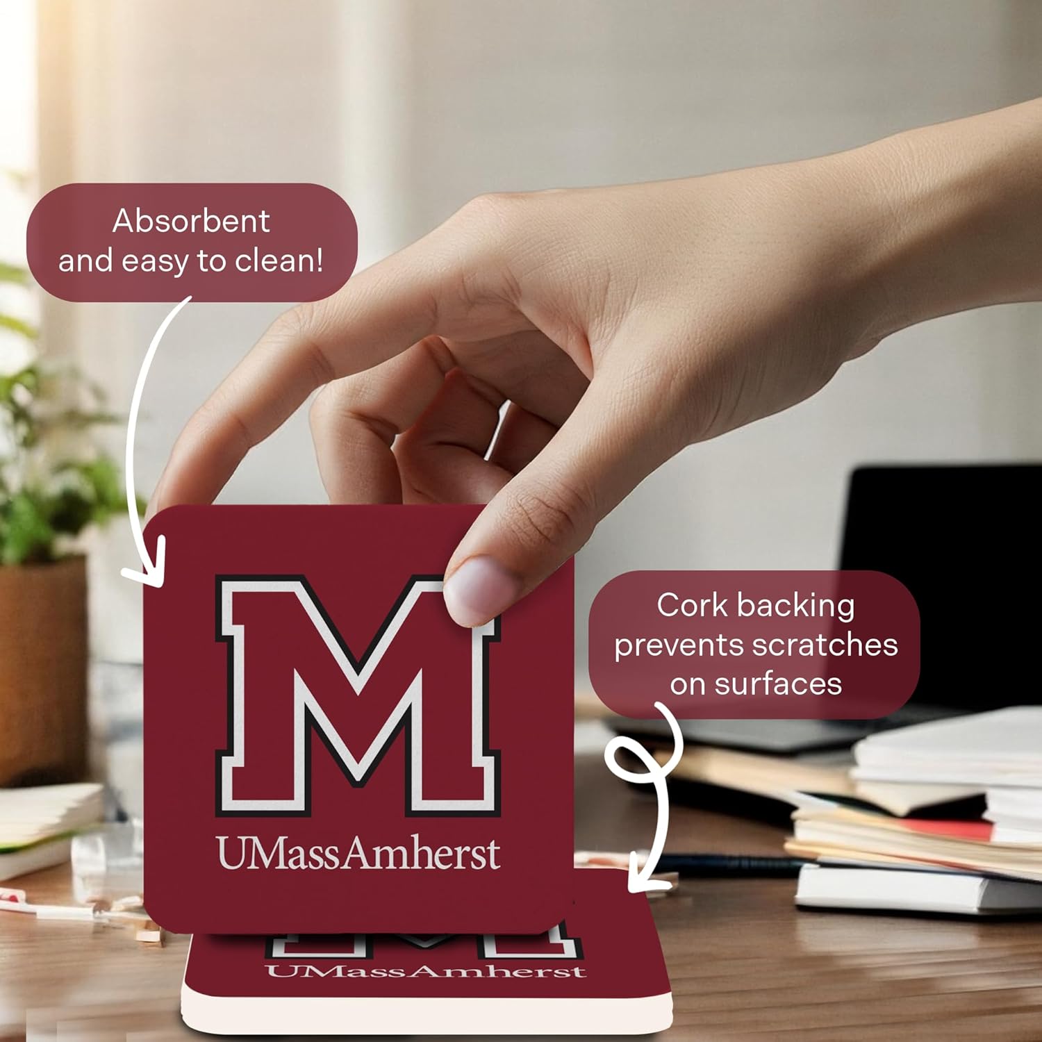 Desert Cactus University of Massachusetts Coaster UMass Minutemen Water Absorbent Drink Square Coasters - Made from Natural Sandstone (Square 4 Pack - D)