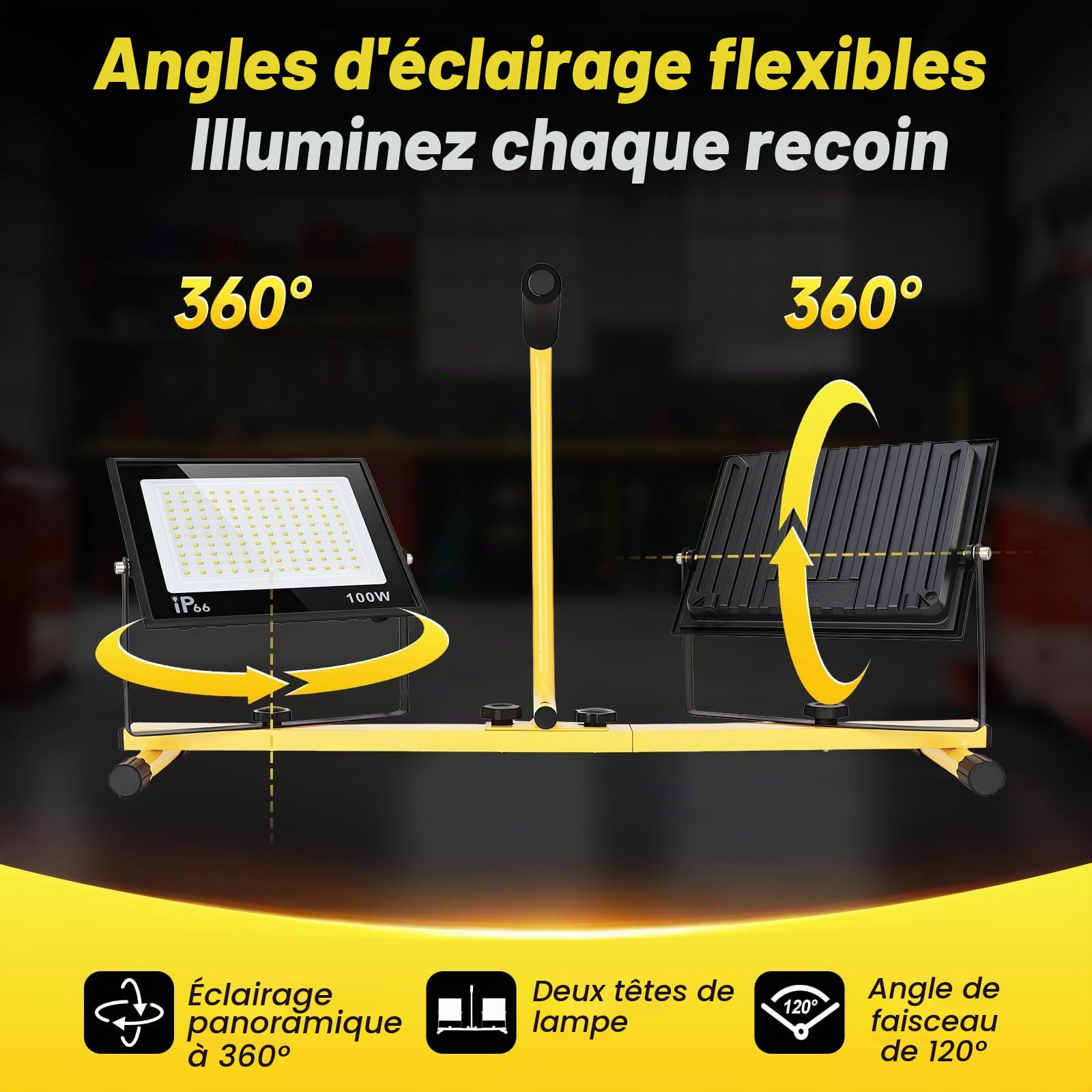 Projecteur de Chantier LED sur Trépieds, 200W 15000LM Lampe Chantier, Pivotante à 360° | Étanche IP66 | Câble 3M | Réglable en Hauteur de 65 à 160 cm pour Atelier, Chantier, Garage
