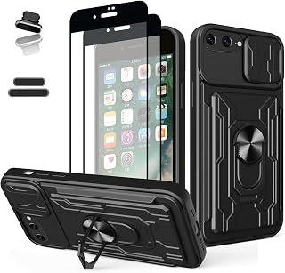 Funda tipo portafolios para Apple iPhone 7 Plus/8 Plus de 5.5 pulgadas, ranura para tarjeta de crédito, puerta corredera, diseño portátil, doble capa híbrida de grado militar, resistente a