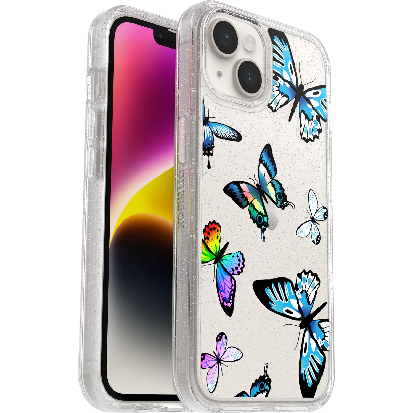 OtterBox Cover per iPhone 14/iPhone 13 Symmetry Clear, resistente a shock e cadute, sottile, testata 3x MIL-STD 810G, protezione antimicrobica, Butterfly