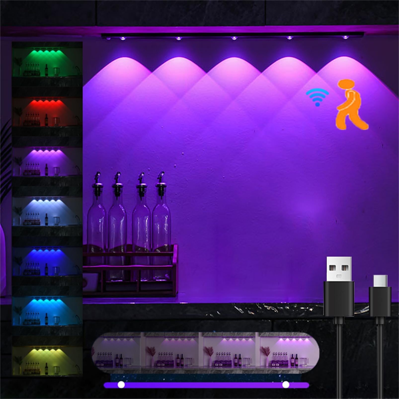 under Counter Light Rgb,rgb Light Bar under Counter,Under Closet Light LED Human Body Sensor Lamp Rechargeable Lamp Cabinet Cabinet Lamp Bar with 7 Colors for Kitchen,Stairs,Wardrobe ,30cm,Black