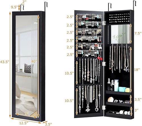Miniatura 7 de Giantex Armario de joyería montado en la pared con espejo de longitud completa, organizador de joyas con espejo de maquillaje, ranuras para aretes