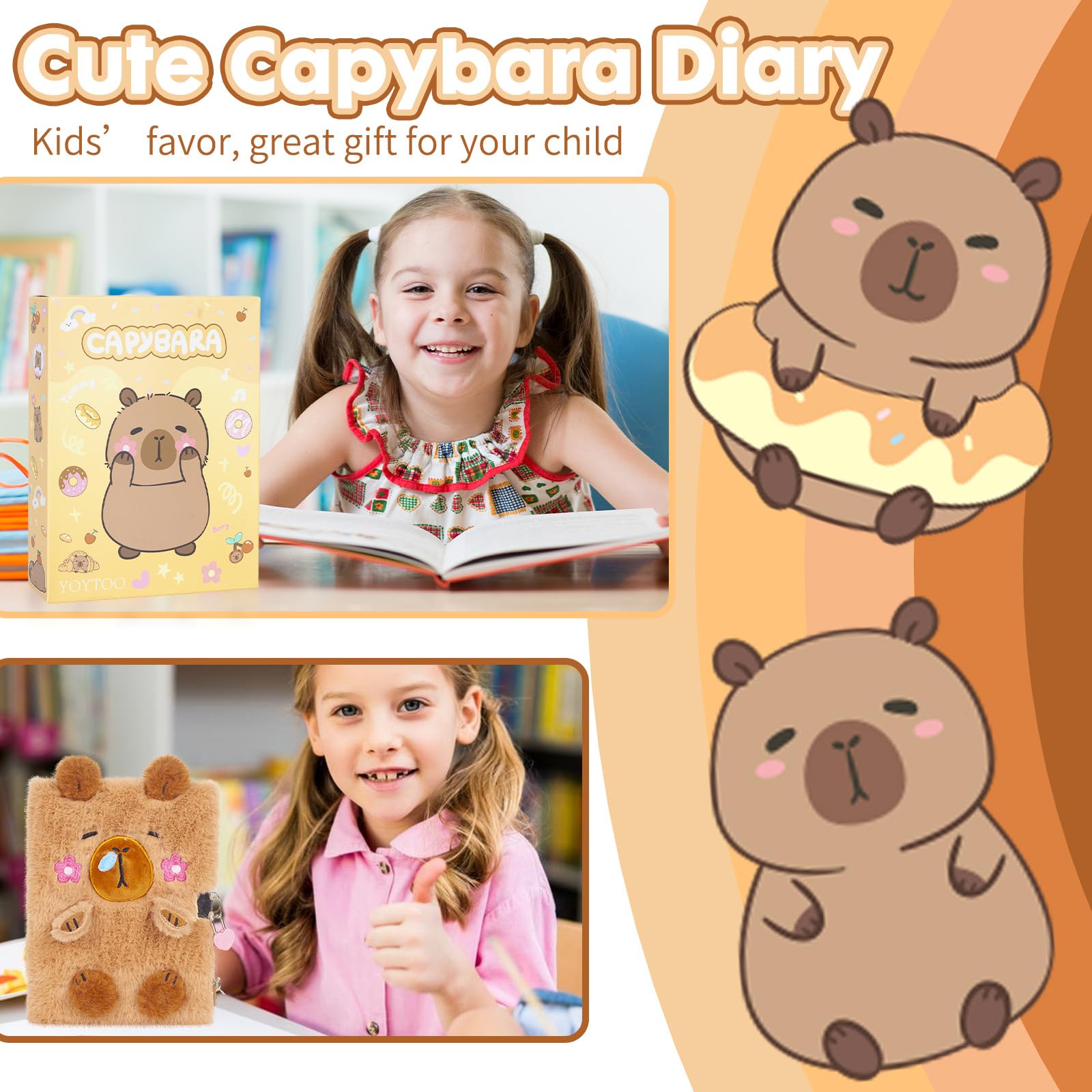 Capibara Plush Diary with Lock and Keys,160 Pagine Diario per Bambini con Chiusura Segreta, Taccuino di Peluche per Scrivere e Disegnare, Regali per Bambini