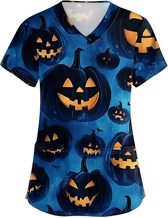 OIOLOYJM Halloween Christmas Scrub Tops Women Print V Neck Short Sleeve Plus Size Scrubs for Womens Shirts with Pockets
