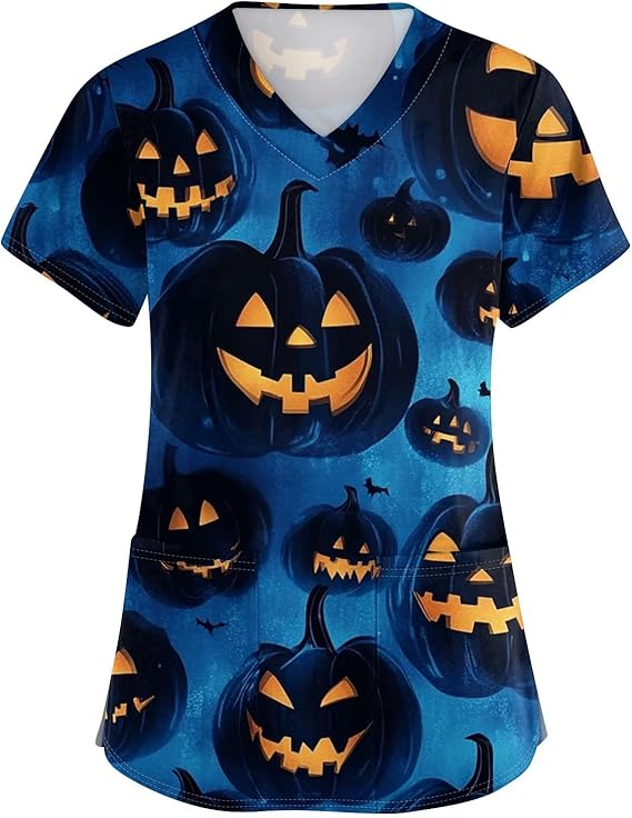 OIOLOYJM Halloween Christmas Scrub Tops Women Print V Neck Short Sleeve Plus Size Scrubs for Womens Shirts with Pockets