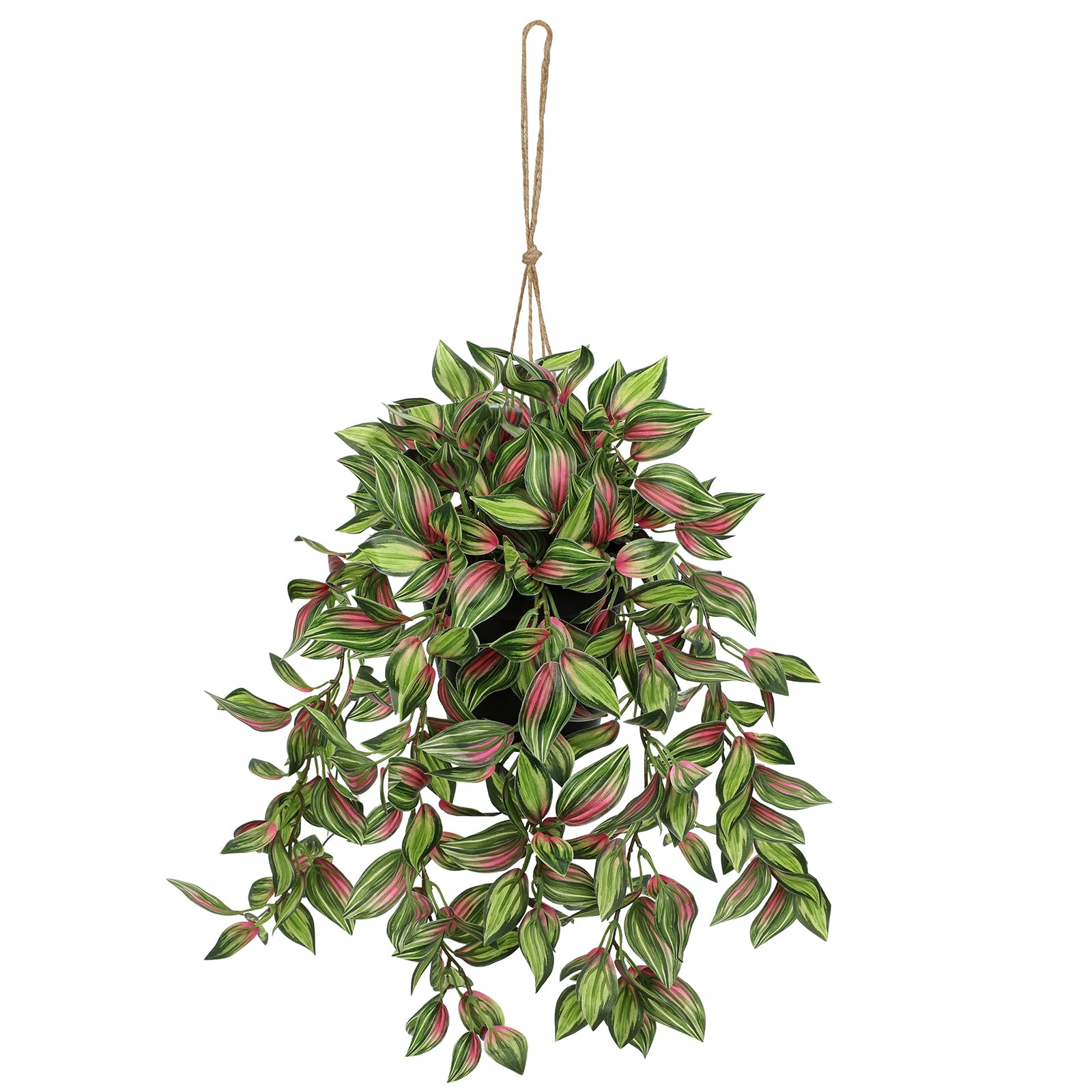 Oairse Fake Hanging Plants 17.7" Faux Watermelon Peperomia Silk Plants with Black Pot Artificial Hanging Greenery for Home Garden Balcony Front Porch Outdoor Decor