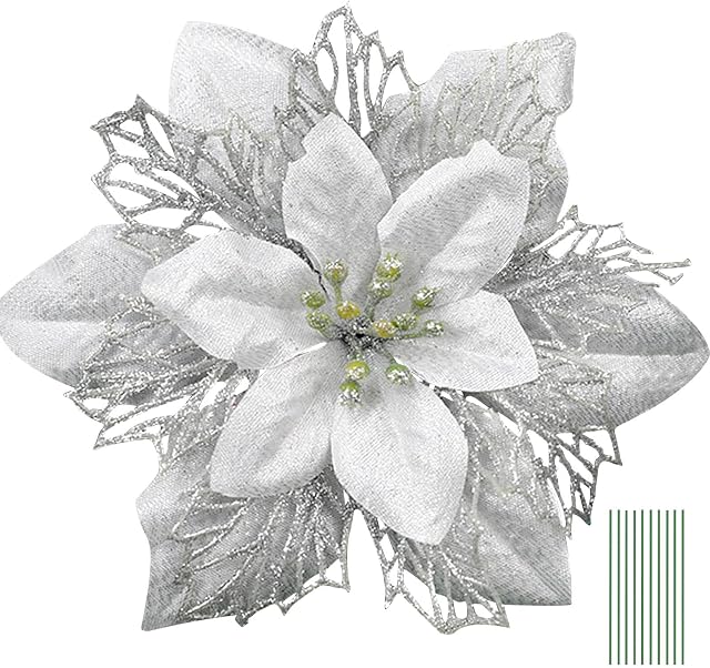 Yueshop 10PCS Artificial Flowers Christmas Glitter Artificial Three Layer Christmas Flowers Floral Accessories for Christmas Tree Ornaments Xmas Garland Wreath DIY Decorations (Silver)