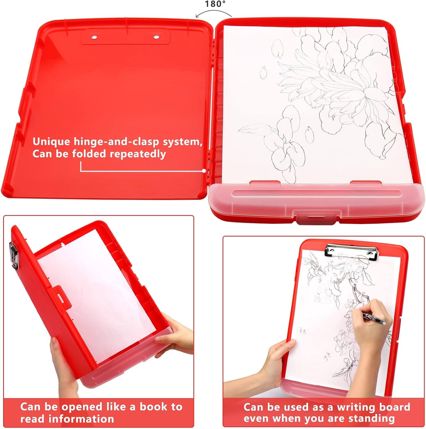 Clipboard with Storage, A4 Binder Nursing Clipboards with Pen Holder, Heavy Duty Storage Clipboards with Low Profile Clip, Clipboard Folder Side-Opening, Smooth Writing Clip Board (Red) image 4