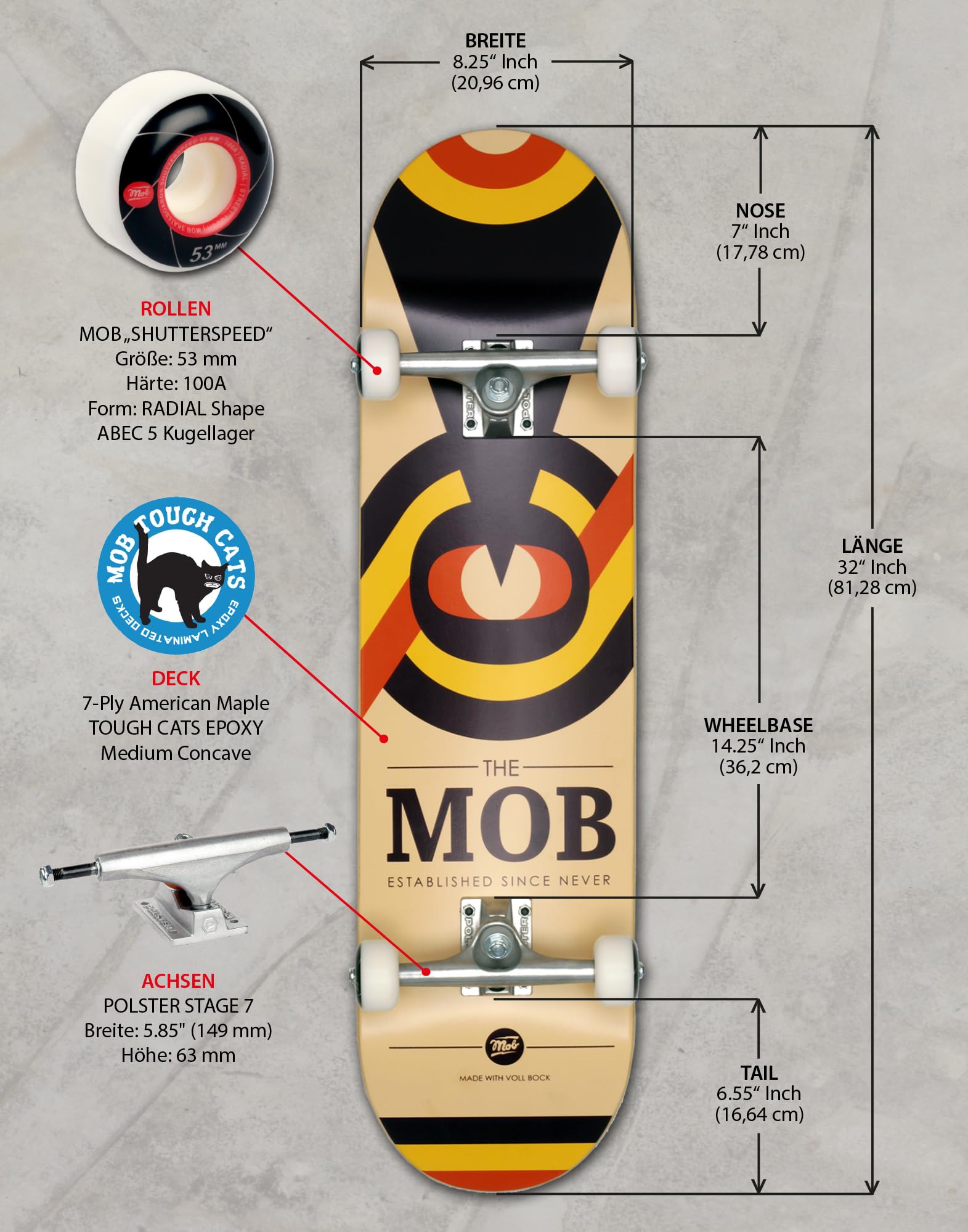 Mob Skateboard Eyechart 8.25 Complete - Komplettboard 32 x 8.25 Zoll - Holzboard aus 7 Schichten Ahornholz - fertig montiert - Anfänger und Profi Skateboard für Jugendliche, Erwachsene - Auge