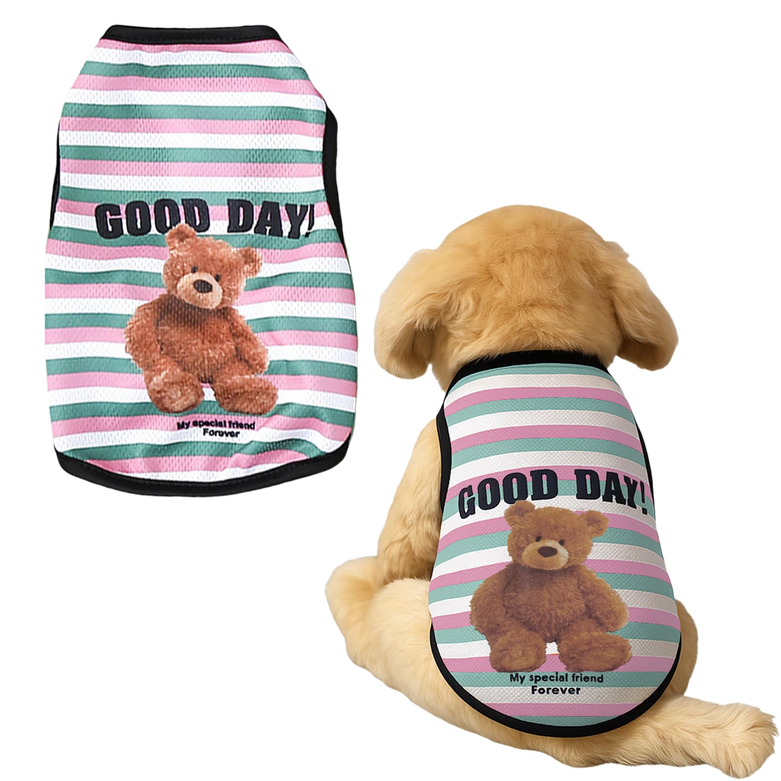 Dog Shirts Puppy Clothes,1PC Cute Bear Dog T Shirt, Summer Breathable Puppy Tank Top Sleeveless Vest for Small Dogs Cat Outfit (Green Pink Strip, XL)