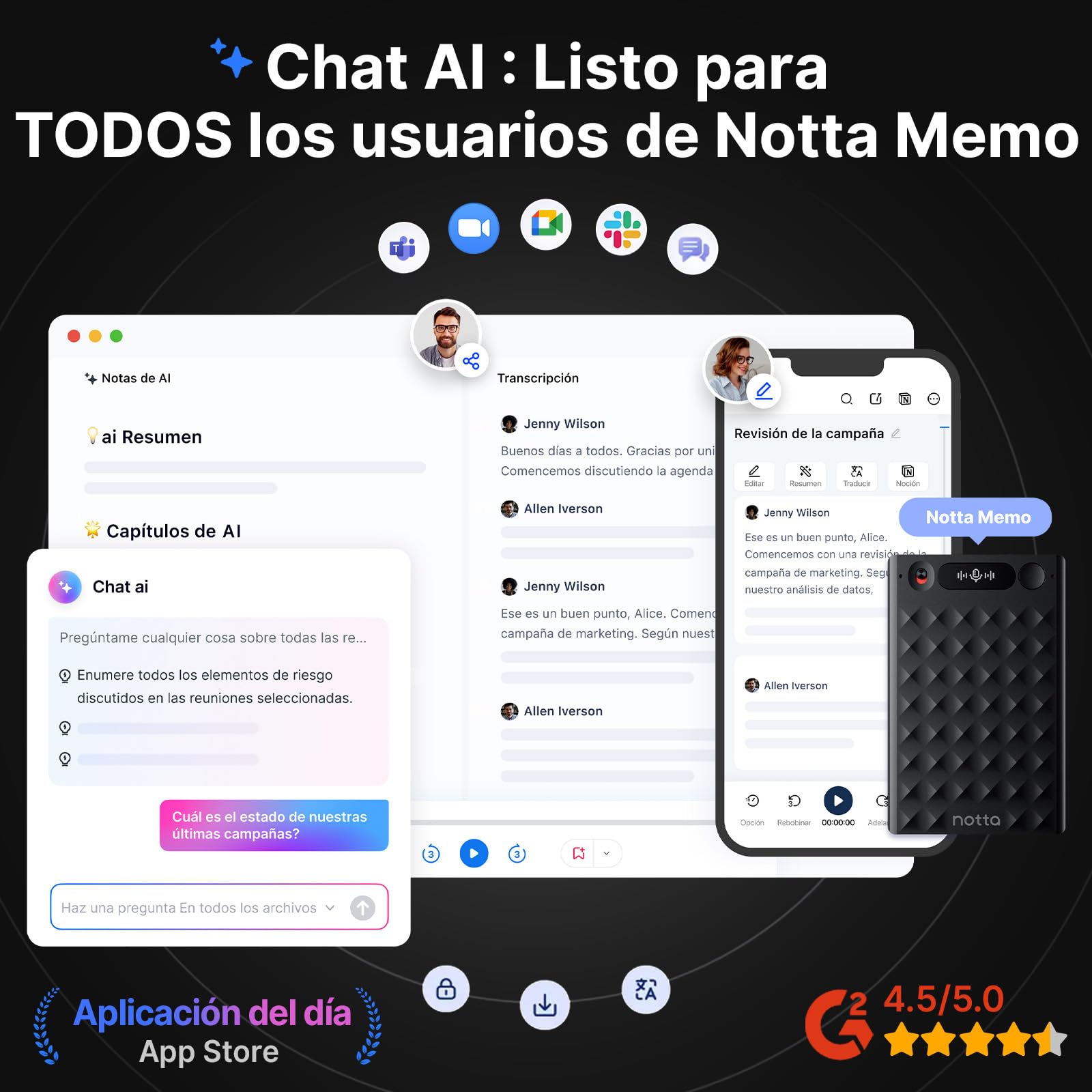 Grabadora de Voz AI, Notta Memo Grabadora Digital con Estuche, Transcripción & Resumen AI en 58 Idiomas, Memoria 2000h, Grabación con un Toque para Llamadas, Reuniones, Entrevistas, Clases