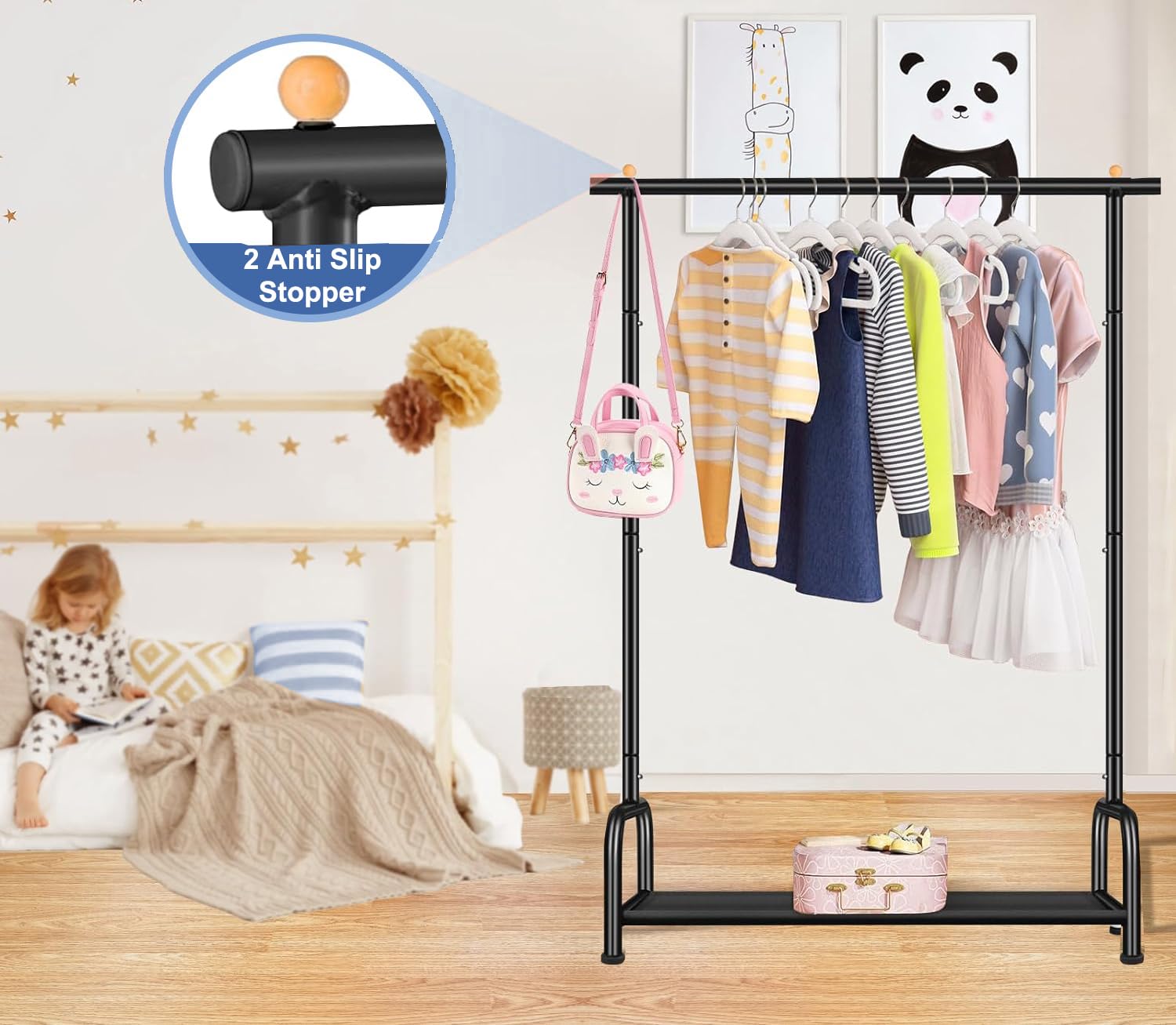 MISSLO Metal Kids Clothes Rails for Girls Boys & Toddlers, Small Baby Clothes Rail with Bottom Storage Shelf - Image 4