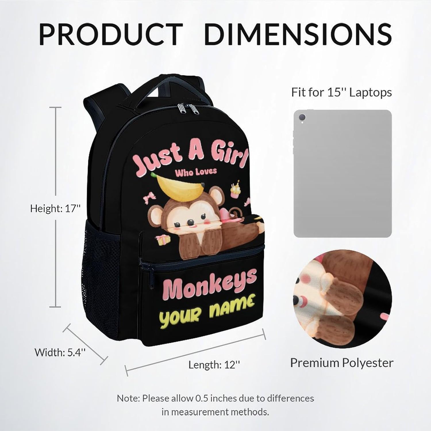 UNIKITTY Custom Girls Backpack Ages 6-8, School Backpack for Girls, Cute Monkey Backpack with Adjustable Straps, 17" Durable Large Capacity Elementary Bookbags for Travel