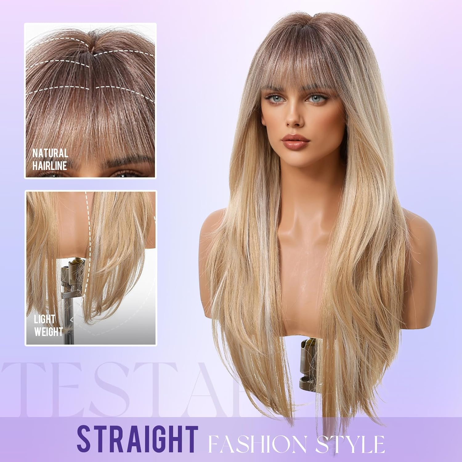 testar Long Blonde Straight Wigs With Bangs Long Ombre Blonde Synthetic Layered Wigs for Women Daily Use 26IN - Image 4
