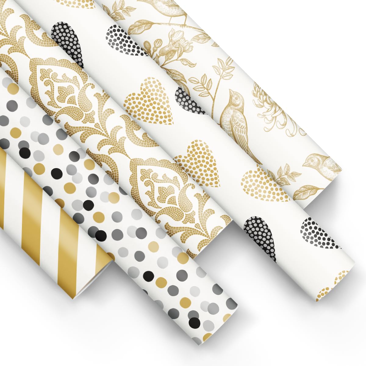 PAW - Geschenkpapier 200x70cm - 5 Rollen | Mix aus 5 Motiven | Elegante Papierrolle für Geburtstage, Hochzeiten, Babypartys, Partys und Geschenke - Schwarz-goldene Muster