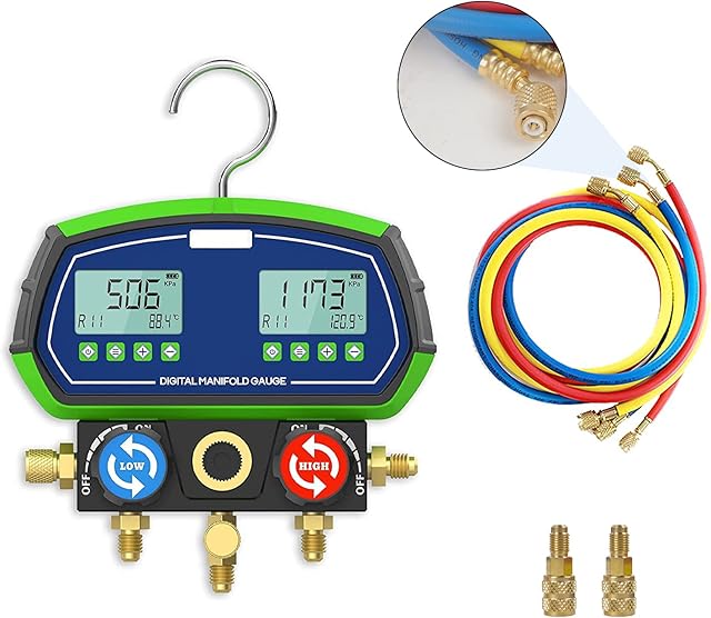 MOTOCOCHE HVAC Digital Manifold Gauge Set, High-Precision R12 R134A R410A etc. Vacuum Pressure Temperature Leakage with 3 Hoses for Testing Maintaining Air-Conditioner, Refrigerator