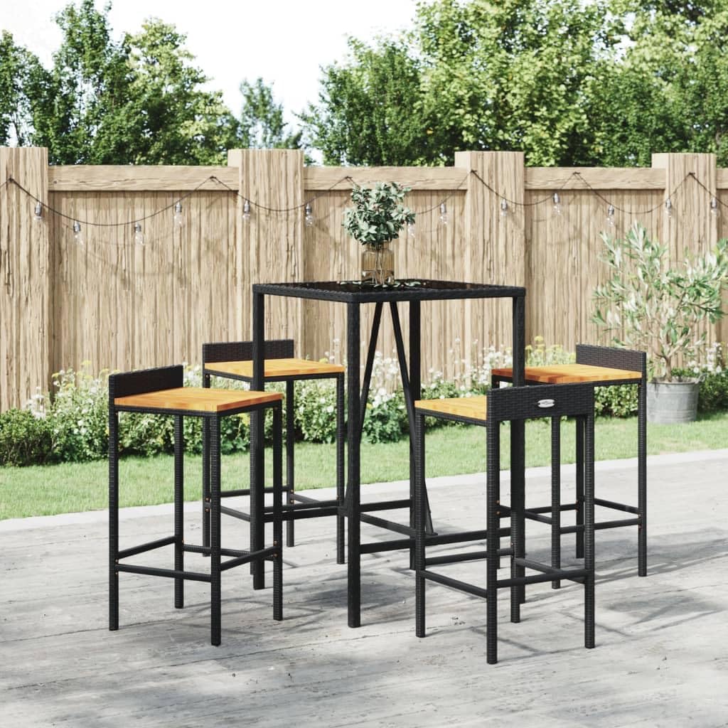 5 Piece Black Poly Rattan and Solid Wood Acacia Garden Bar Set with Tempered Glass Tabletop and Powder-Coated Steel Frame for Outdoor Patio