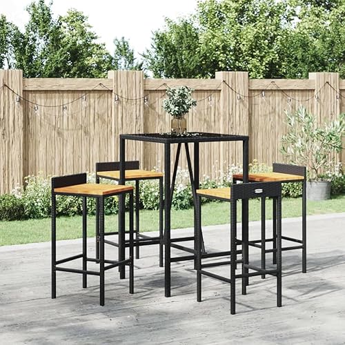 Miniatura 9 de 3-Piece Outdoor Bar Set Black Poly Rattan & Acacia Wood Patio Furniture Set with Tempered Glass Tabletop for Garden Balcony Porch Black/3