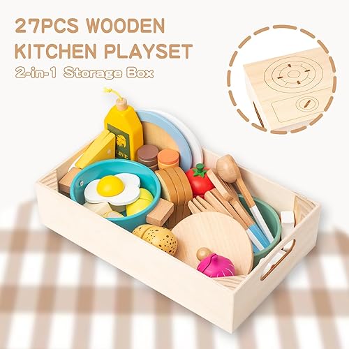 Miniatura 7 de Juego de cocina de madera, 27 piezas de juguetes de comida para niños pequeños, accesorios de cocina de madera, juguetes de cocina con platos de