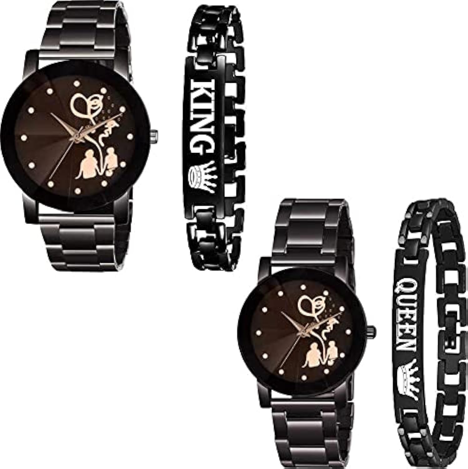 KIARVI GALLERY Analogue Men's and Women's Couple Watch and King Queen Bracelet Combo (Black Dial Black Colored Strap) (Pack of 4)