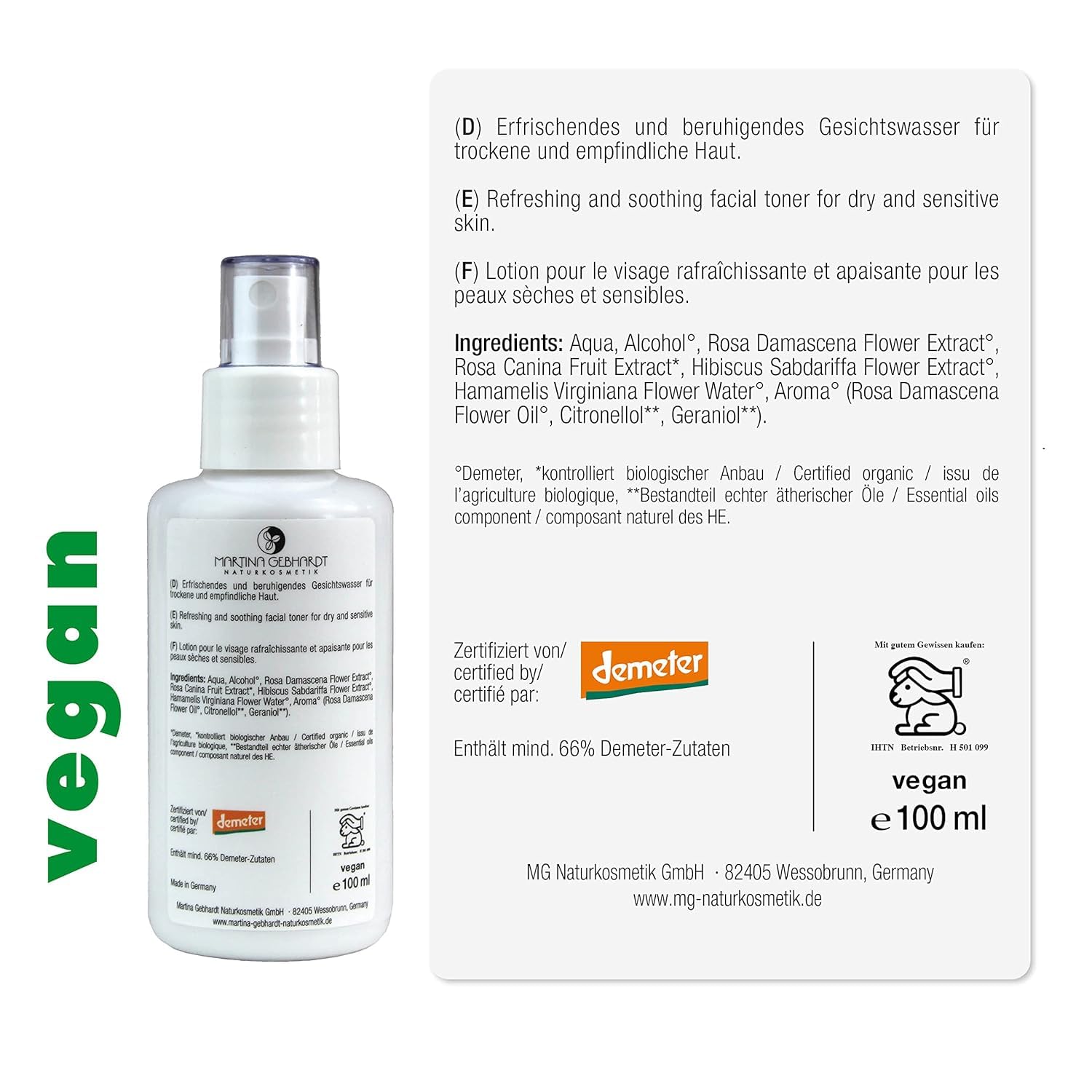 Martina Gebhardt | Demeter Naturkosmetik | Rose Tonic | Mit Wildrosen- und Hibiskusblüten-Auszug | Verleiht einen angenehm, frischen Duft | 4 x 100 ml