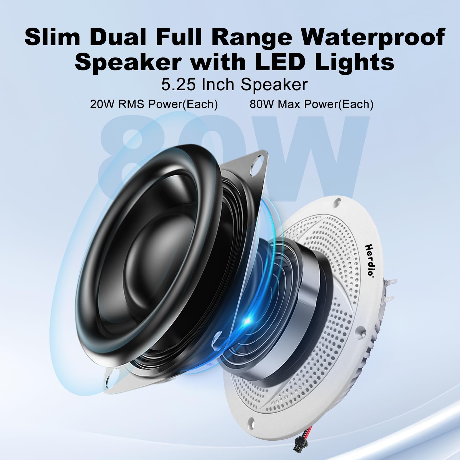 Herdio 5.25 Inch Bluetooth Marine Speakers, Low Profile Slim Design with LED Lights,160W 2-Way Weather Resistant Outdoor Audio, Suitable for Boat, RV, UTV, ATV, Golf Cart, 2 Pack White