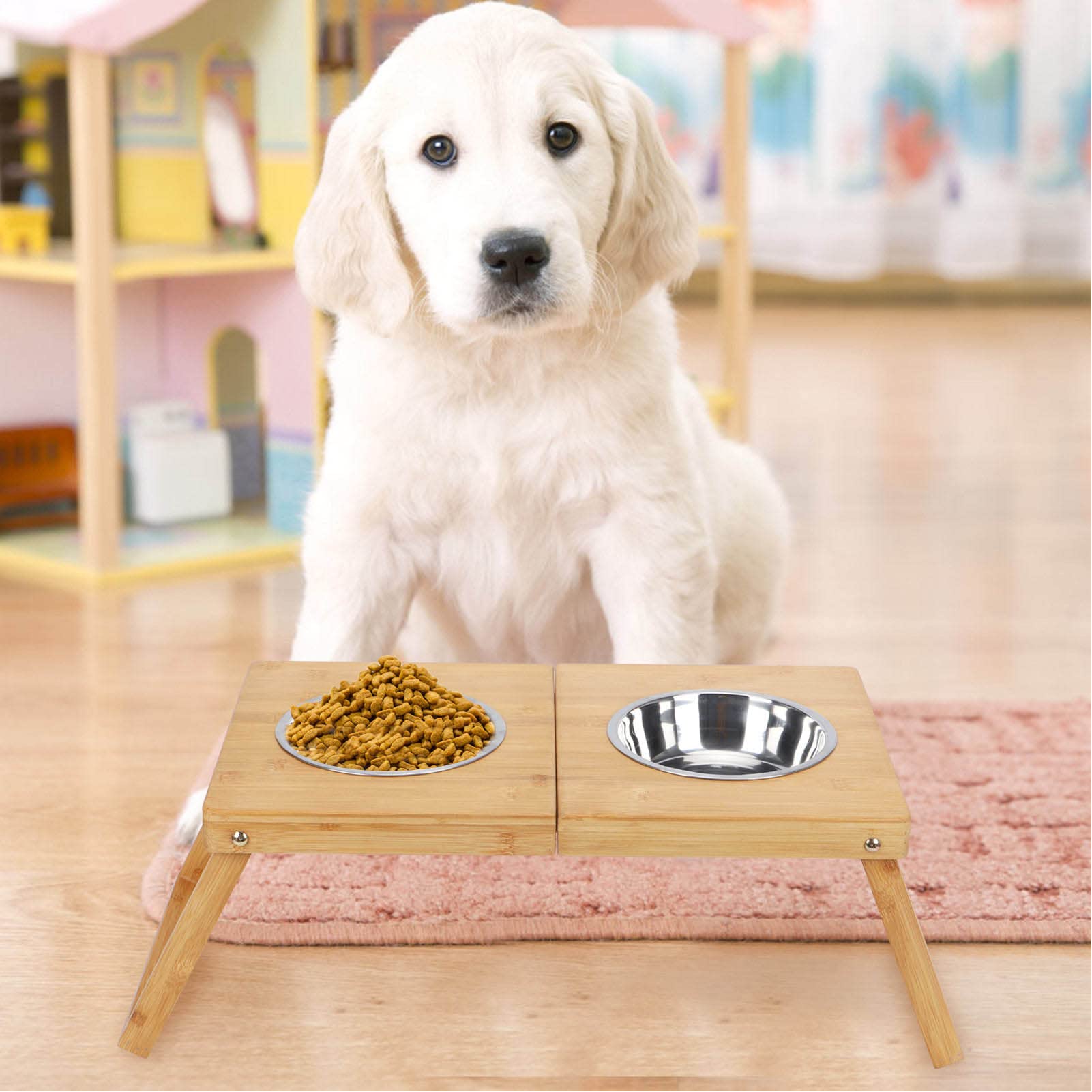 Comederos Elevados para Perros Comedero Gato Elevado, Comedero Elevado, Comedero Elevado, Acero Inoxidable Doble con Soporte de Bambú, Impermeable
