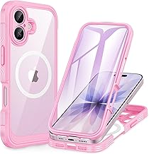 CENHUFO Compatible with iPhone 17 Case Built-in Glass Screen Protector and Full Camera Protection, Fits for Magsafe, 360 Full Body Shockproof Bumper Clear Phone Case for iPhone 17 6.3 Inch -Pink