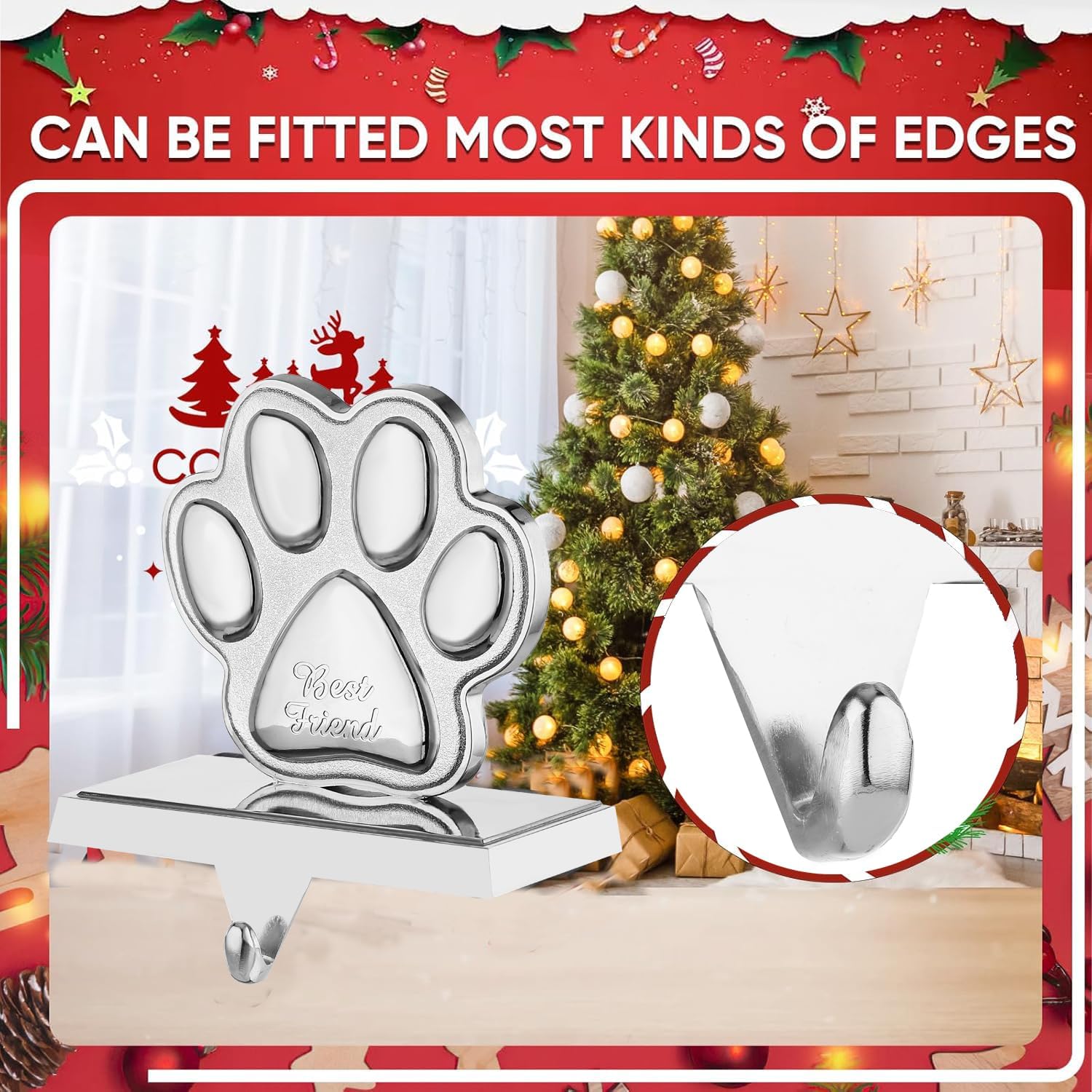2 Pack Paw Christmas Stocking Holders for Mantle Paw Stocking Hanger for Fireplace Christmas Stocking Hangers for Mantel Stocking Hooks for Fireplace Mantel Clips for Christmas Decor (Silver Paw, 2)