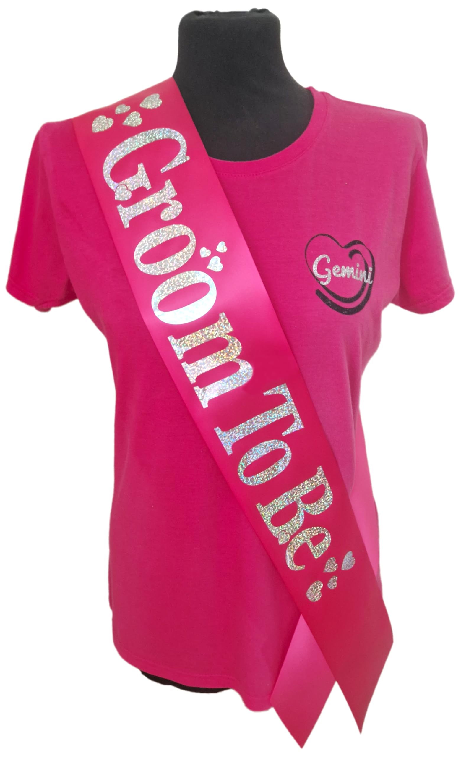 Hen Party Sashes - Beautiful fuchsia satin ribbon with silver holographic text and heat embelishments - Groom To Be