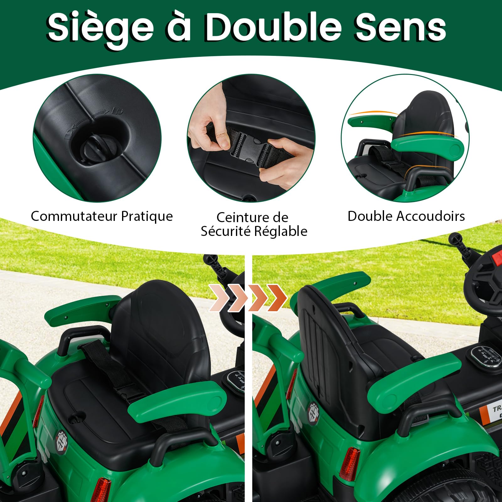 COSTWAY 12V Tracteur Électrique Enfant avec Pelle & Godet Réglables, Remorque Amovible, Télécommande, 1,7-4,2 km/h, 3-8 Ans Vert