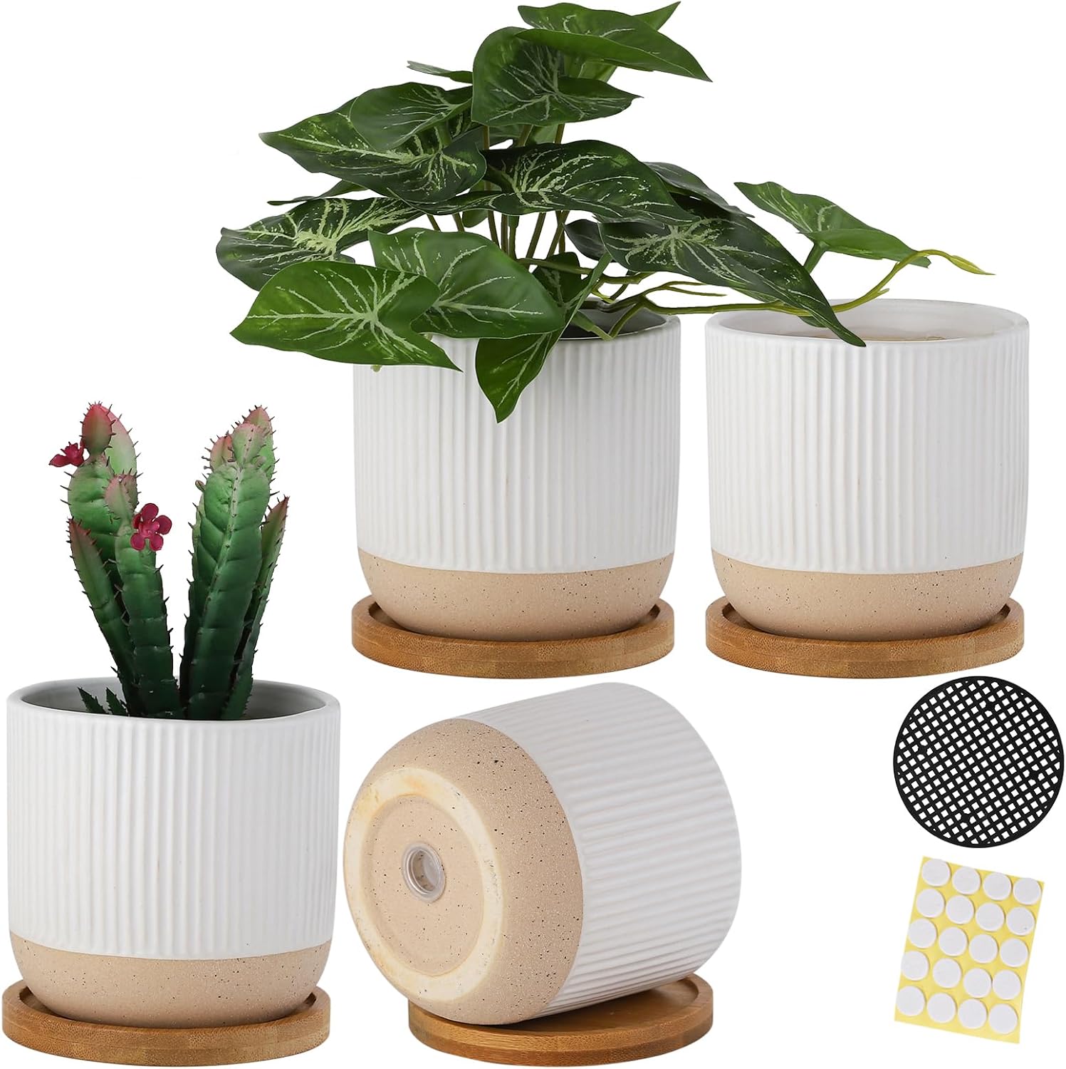 4 Inch Ceramic Plant Pots with Drainage Holes and Trays, Modern Small Minimalist Flower Planter Pot with Saucers for Indoor Plants, Succulent, Snake Plants, Cactus & Herbs, White, Set of 4