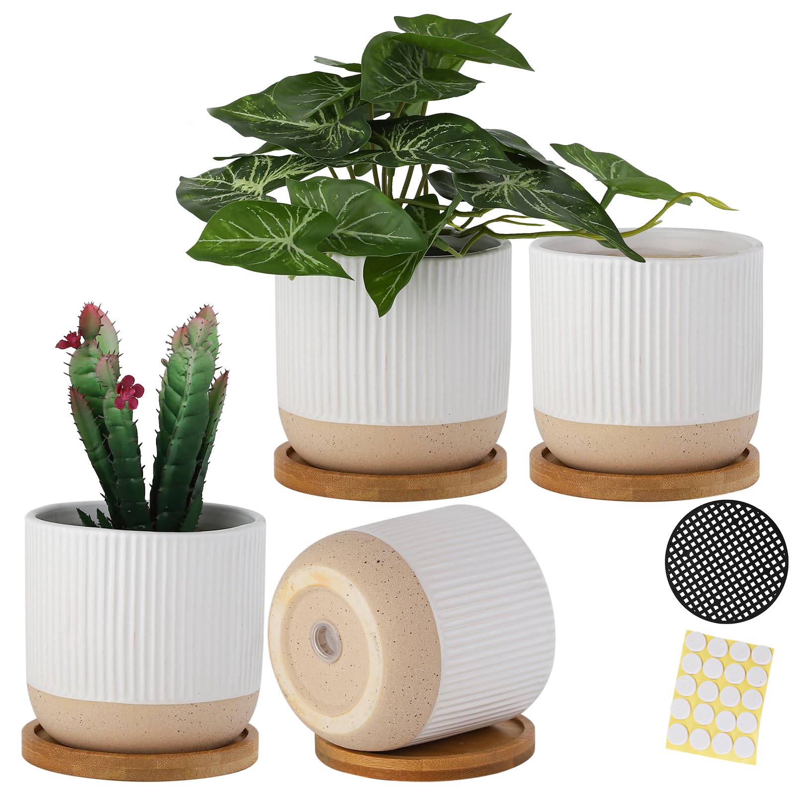 4個パックのモダンセラミック 多肉植物 カラフルな陶器製植木鉢 受け皿付き 4個パックのモダンセラミック 多肉植物 カラフルな陶器製植木鉢 受け皿付き