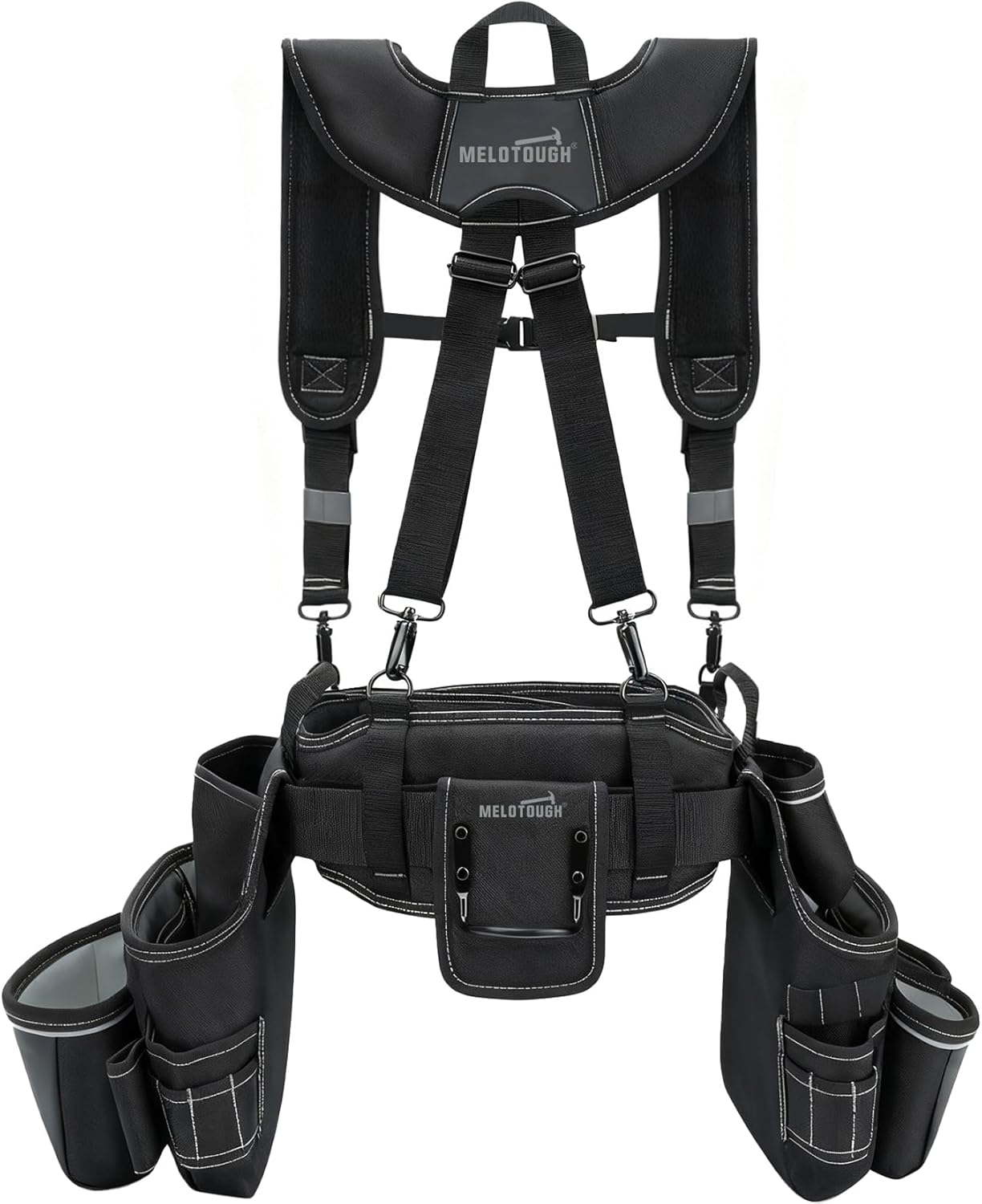 MELOTOUGH Carpenters Tool Belt with Suspenders Professional Tool Belt Combo Organizer With Tool Pouch Suspenders with 27 Pockets and Loops fits 33"-50"Waist for Electrican/Contractor/Technican/(Black)