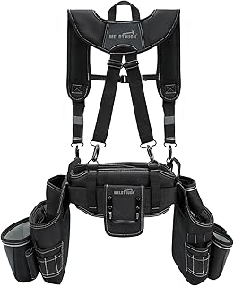 MELOTOUGH Cinto de ferramentas de carpinteiro com alças, organizador profissional com bolsa de ferramentas com alças com 32 bolsos e presilhas para cintura de 32 a 47 polegadas para