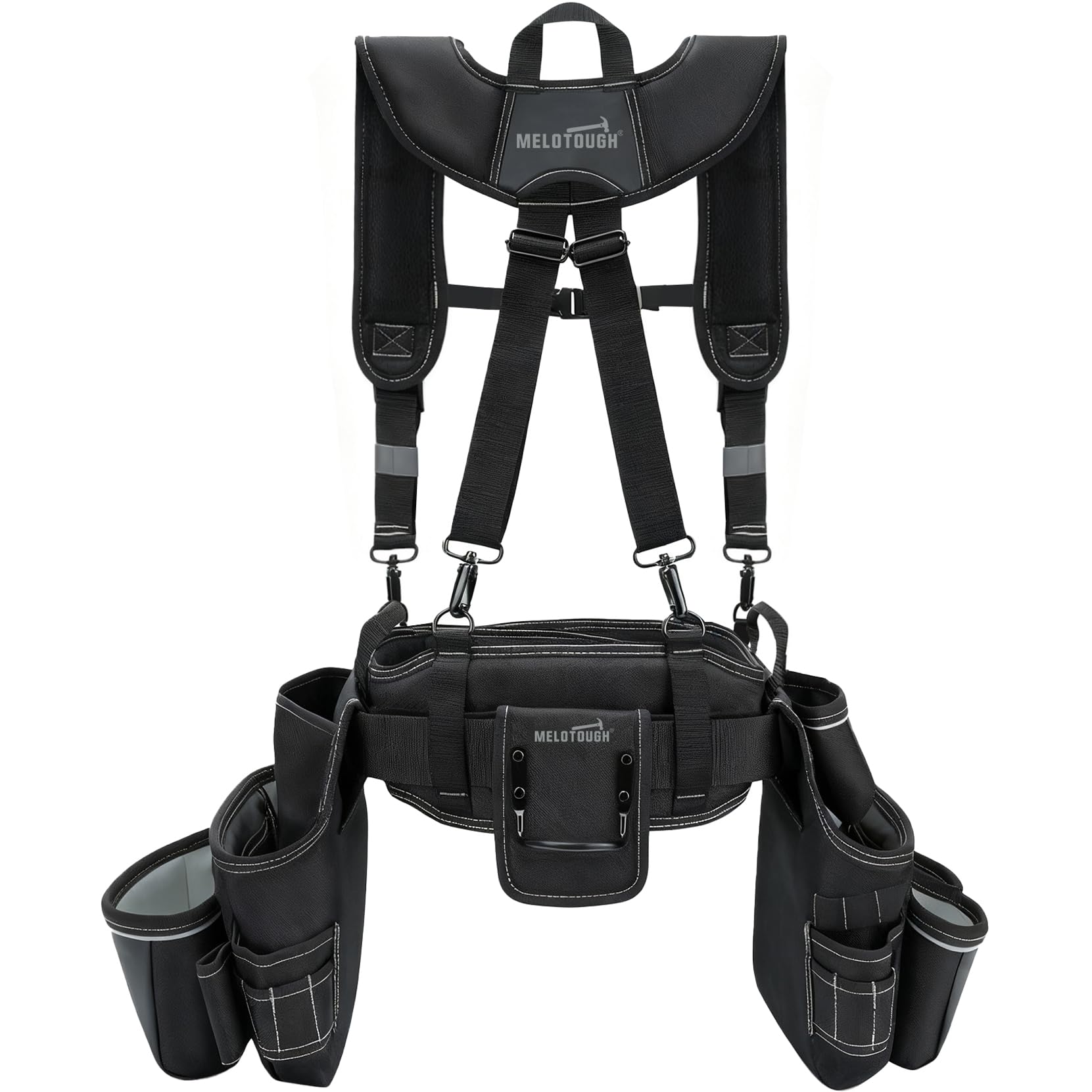 MELOTOUGH Cinturón de herramientas de carpintero con tirantes, organizador combinado profesional con bolsa de herramientas con tirantes con 27 bolsillos y trabillas para cintura de 84-127 cm para