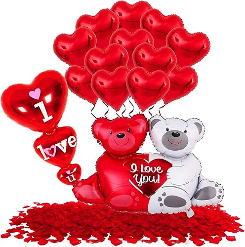 KatchOn, Juego de globos de oso de peluche con texto en inglés "I Love You" de 40 pulgadas, paquete de 1000 pétalos de rosa rojos, globo de corazón