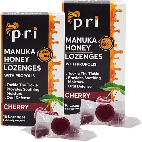 P.R.I Pastillas de miel de Manuka con propóleos, gotas calmantes para la tos y la garganta, certificado MGO 300+ (cereza, 16 unidades2 unidades)