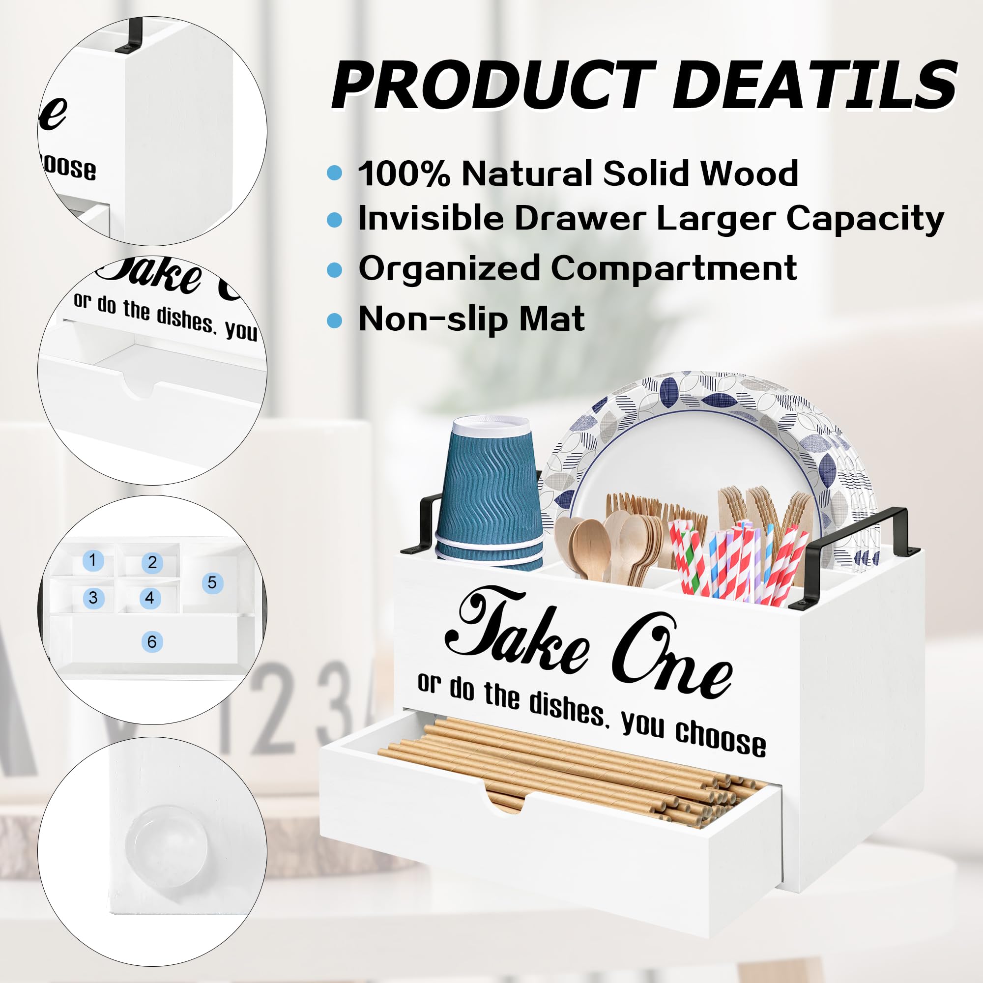 Paper Plate Holders, Utensil Caddy with Drawer, Kitchen Utensil Holder Organizer for Plates, Cutlery, Cups, Spoon, Napkins, Wood Silverware Holder Paper Plates Dispenser for Party Picnic BBQ(White)