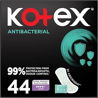 Kotex Antibacterial Panty Liners, 99% Protection from Bacteria Growth, Long Size, 44
